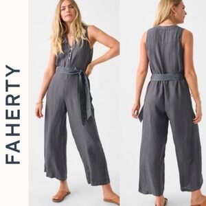 Faherty Hermosa 100% Linen Wide Leg Jumpsuit S Washed Black